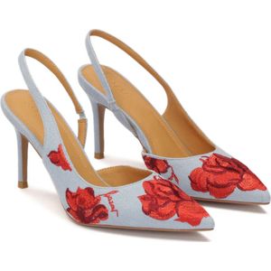 Kazar, Schoenen, Dames, Blauw, 39 EU, Leer, Blauwe bloemenstof slingback pumps