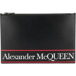 Alexander McQueen, Tassen, Heren, Zwart, ONE Size, Leer, Zwarte Leren Platte Logo Clutch
