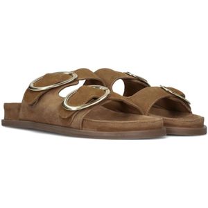 Strategia, Schoenen, Dames, Bruin, 40 EU, Suède, Cognac Suède Slippers met Gouden Gespen