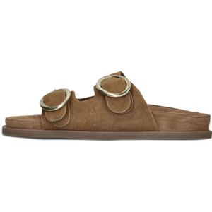 Strategia, Schoenen, Dames, Bruin, 38 EU, Suède, Cognac Suède Slippers met Gouden Gespen