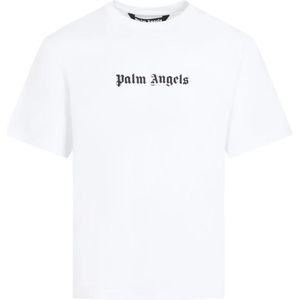 Palm Angels, Tops, Heren, Wit, S, Katoen, Wit Logo T-shirt Ronde Hals