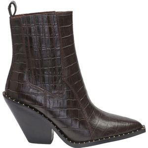 Fabienne Chapot, Schoenen, Dames, Bruin, 40 EU, Leer, Bruine Croc Enkellaarzen met Gouden Studs