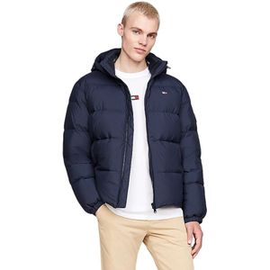 Tommy Jeans, Jassen, Heren, Blauw, M, Polyester, Blauwe Donsjas met Afneembare Capuchon