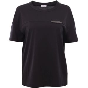 Brunello Cucinelli, Korte mouwen T-shirt met messing detail Zwart, Dames, Maat:S