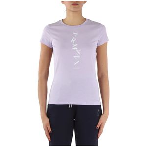 Armani Exchange, Slim Fit Katoenen T-Shirt met Voorlogo Paars, Dames, Maat:S