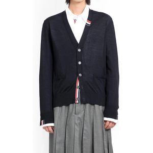 Thom Browne, Truien, Heren, Blauw, M, Wol, Navy Jersey Stitch Cardigan met V-hals