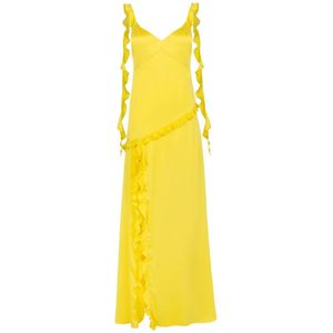 Jaaf, Lange zijden jurk met ruches in Citroengeel Geel, Dames, Maat:M
