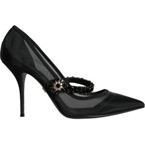 Dolce & Gabbana, Schoenen, Dames, Zwart, 39 EU, Nylon, Kristal Mesh Mary Jane Pumps