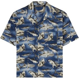 Palm Angels, Overhemden, Heren, Blauw, L, Katoen, Blauw Haai Korte Mouw Bowling Shirt
