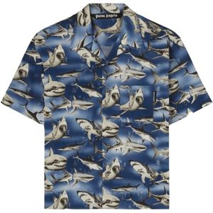 Palm Angels, Blauw Haai Korte Mouw Bowling Shirt Blauw, Heren, Maat:L