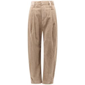 Brunello Cucinelli, Broeken, Dames, Beige, S, Katoen, Hoge Taille Corduroy Broek met Pincet