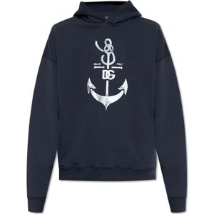 Dolce & Gabbana, Sweatshirts & Hoodies, Heren, Blauw, M, Katoen, Bedrukte hoodie