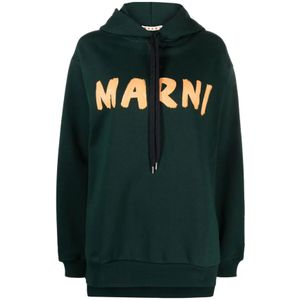 Marni, Sweatshirts & Hoodies, Dames, Groen, S, Katoen, Groene hoodie met trekkoord en iisch logo