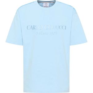 Carlo Colucci, Tops, Heren, Blauw, XL, Oversized T-shirt met logoborduursel