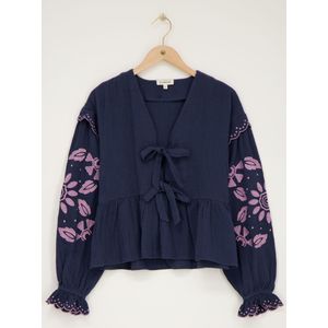 Dunkelblaue Musselinbluse mit Stickerei und Schleifen