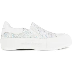 Alexander McQueen Low-Top Sneakers - Deck Plimsoll Glitter Slip On Sneakers in wit