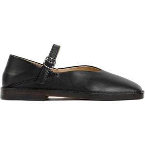 - Black Leather Ballerina Shoes in zwart
