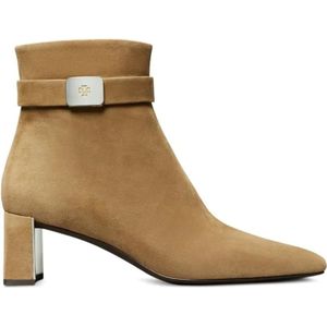 Tory Burch Boots - Pointed Toe Suede Ankle Boots With Metallic Accent in beige