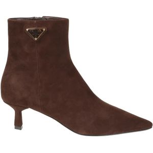 Prada Boots - Pointed Toe Suede Ankle Boots With Kitten Heel in bruin