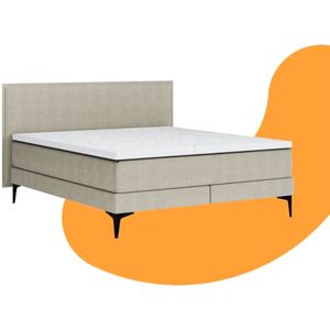 Emma Signature Boxspring Bed 180x210 - Beige - Strepen Hoofdbord - Beukenhout Pootjes