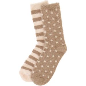 Basset dames 2-pack huissokken fluffy dots stripe beige dames