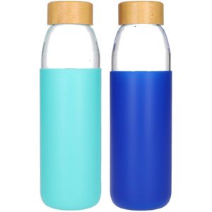Glazen drinkfles x2 - Waterfles set van 2 met bamboe dop - 500ml - BPA vrij - Transparant / Donkerblauw / Licht Blauw