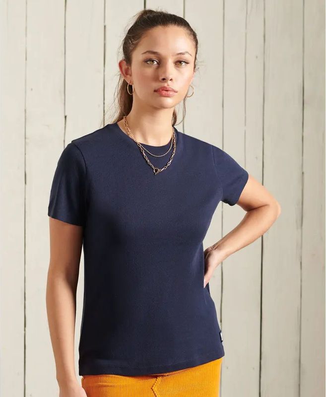 Superdry - Cali Pointelle Crew - T-shirt - Blauw - Korte Mouwen