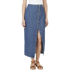 Spijkerrok - Blauw - Denim - Hoge Taille - Knoopsluiting - Split Aan De Zoom