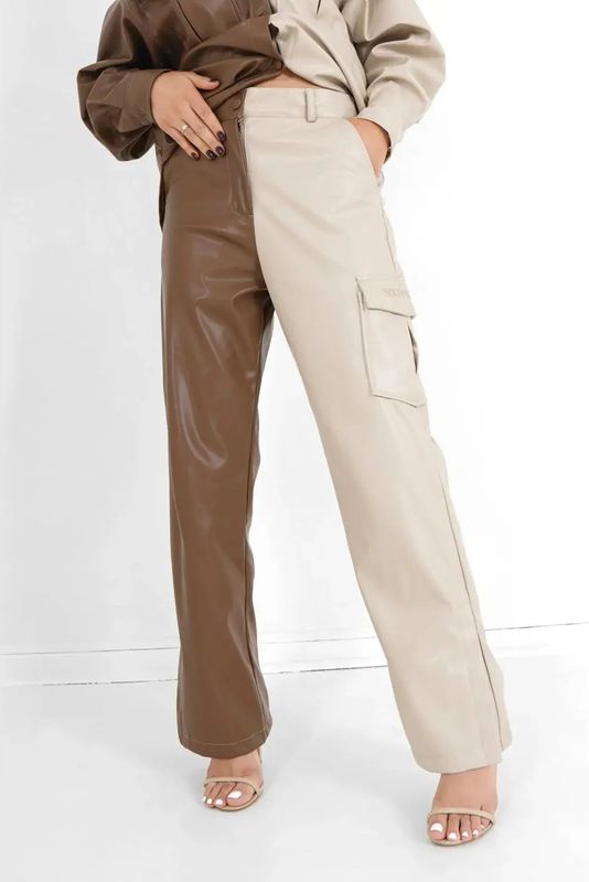 Sixth June - Pantalon - Beige/Bruin - Faux Leer - Rechte Pasvorm
