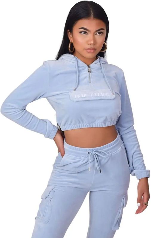 Project X Paris - Korte Fluwelen Dameshoodie - Crop Top - Met Capuchon - Kangoeroezak