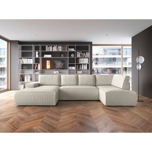 Grote panoramische omkeerbare hoekslaapbank met hoek links van beige ribfluweel AMELIA