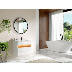 Zwevend badkamermeubel met ledverlichting en inbouwwastafel - Wit en donkere houtlook - L80 cm - POZEGA