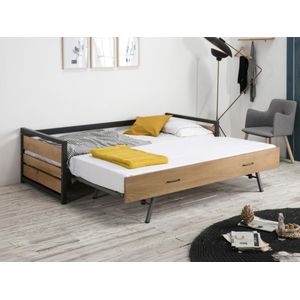 Uitschuifbed industriële stijl BOSTON - 2 x 90 x 190 cm - Mdf, grenen en metaal + matras