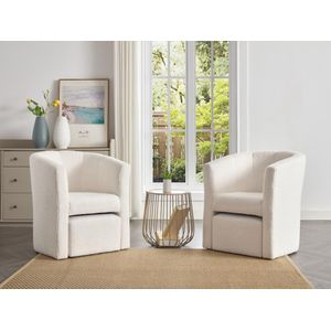 Fauteuil met holle rugleuning en poef in witte boucléstof – JOVANA