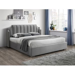 Bed met opbergruimte 180 x 200 cm met hoofdbord met inkeping - Velours - Lichtgrijs + matras - TEOMIS