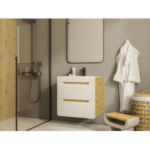 Hangmeubel voor badkamer met inbouwwastafel - Naturel en wit - 60 cm - ARUBA