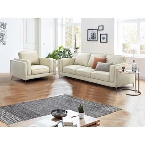 Driezitsbank en fauteuil van beige leer LECCO