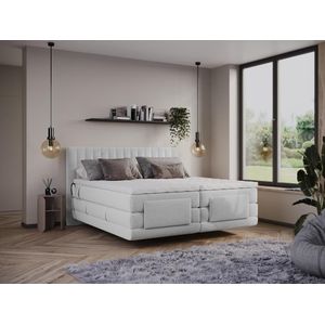 Set boxspringbed met hoofdbord met verticale stiksels + elektrische relaxbedbodems + matras + dekmatras - 2 x 80 x 200 cm - Velours - Lichtgrijs - DONSI van PALACIO