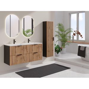 Geribbeld badkamermeubel met inbouwwastafel en kolomkast - Licht naturel en zwart - 120 cm - MADELA