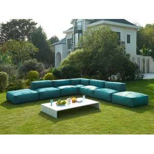 Moduleerbare tuinzithoek 7 plaatsen van stof: 4 fauteuils, 1 hoek, 2 poefs en 1 salontafel - Groen - LIVAI van MYLIA