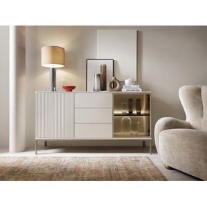 Buffetkast met 2 deurtjes en 3 lades met ledverlichting van mdf en gerookt glas - Beige en zwart - OVILA