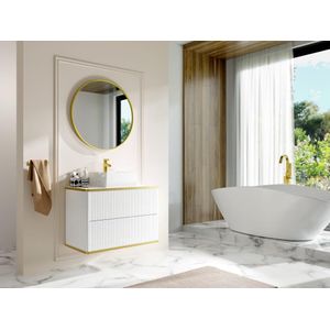 Zwevend, geribbeld badkamermeubel met goudkleurige randen en opzetwastafel - Wit - 80 cm - KELIZA
