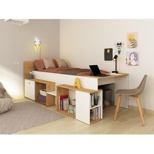 Hoogslaper 90 x 200 cm met bureau en opbergruimte - Wit en naturel + matras - PALOMA