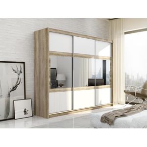 LEOVIA - Kast - Natuurlijke Kleur en Wit - 3 Schuifdeuren - Spaanplaat
