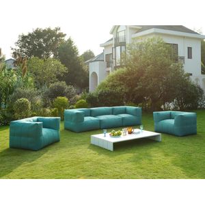 Moduleerbare tuinzithoek 5 plaatsen van stof: 2 fauteuils met armleuningen, 1 fauteuil, 2 hoeken en 1 salontafel - Groen - LIVAI van MYLIA