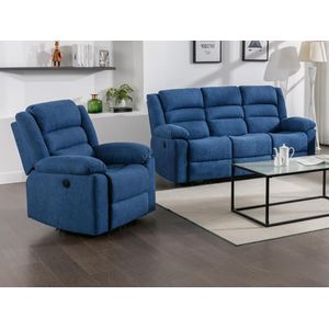 Elektrische driezits-relaxbank en -fauteuil van blauwe stoffen bekleding BUROLO