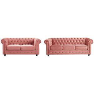 Drie- en tweezitsbank van pastelroze velours CHESTERFIELD