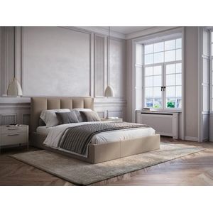 Bed met opbergruimte 160 x 200 cm met hoofdbord met verticale stiksels - Stof - Taupegrijs - KILACLO