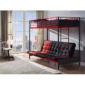 Hoogslaper 90 x 190 cm - Met slaapbank - Metaal - Zwart en rood + Futon - MODULO V