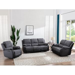 Twee- en driezits-relaxbank en -fauteuil van microvezel en grijs en zwart kunstleer BRODY